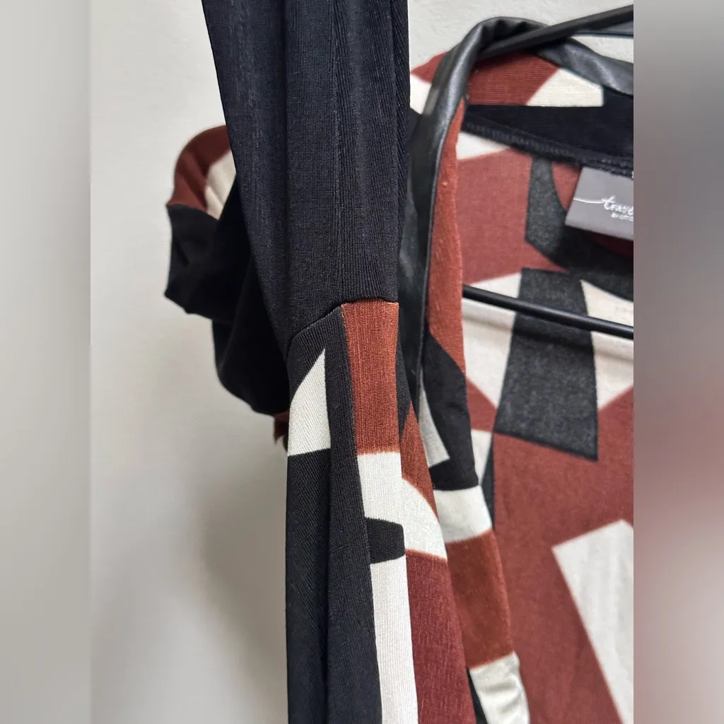 Chico’s Travelers Geometric Wrap Cardigan Faux Leather Trim Mahogany Women’s 1/M Brown Size M - Image 4