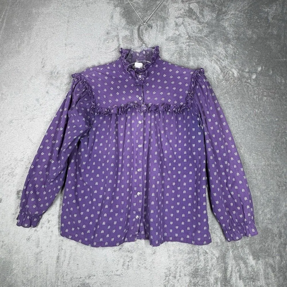 Lucky Me Shirt Womens Large Purple White Floral Bohemian Peasant Prairie Vintage - Image 2