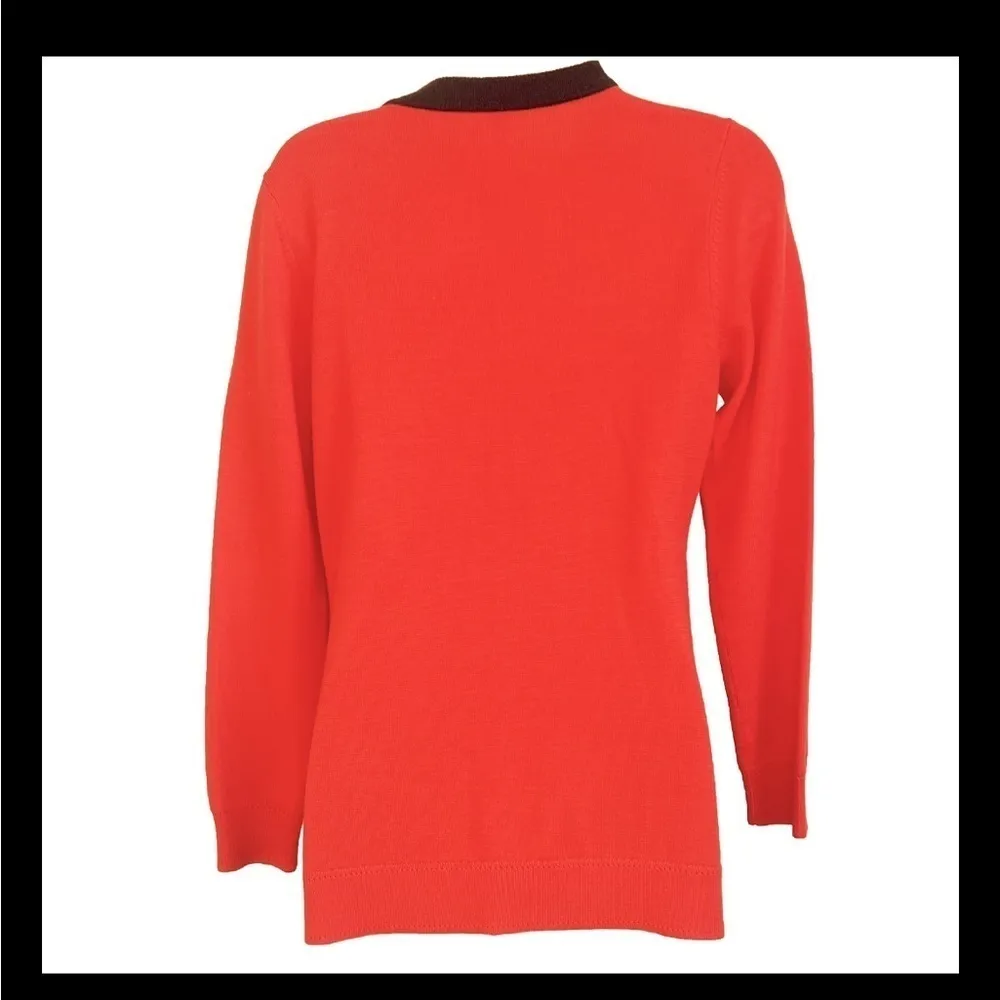 MILLY New York Orange Brown Trim Knit Wool Button Down Cardigan Sweater Small - Image 3