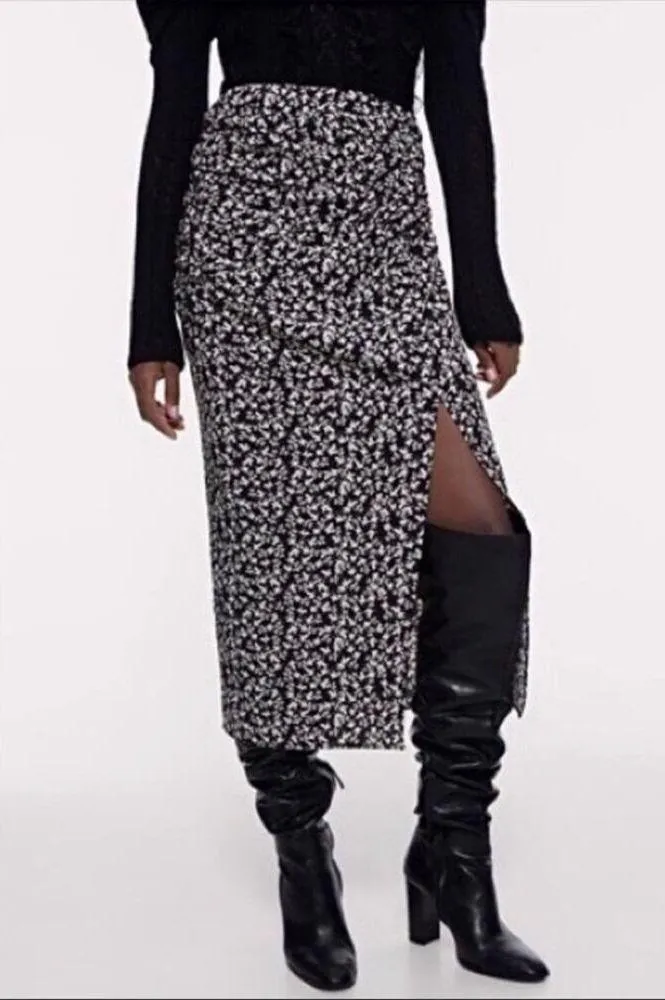 Zara Draped Black Moody Micro Floral Print Ruched Side Slit Midi Skirt XS - Image 8