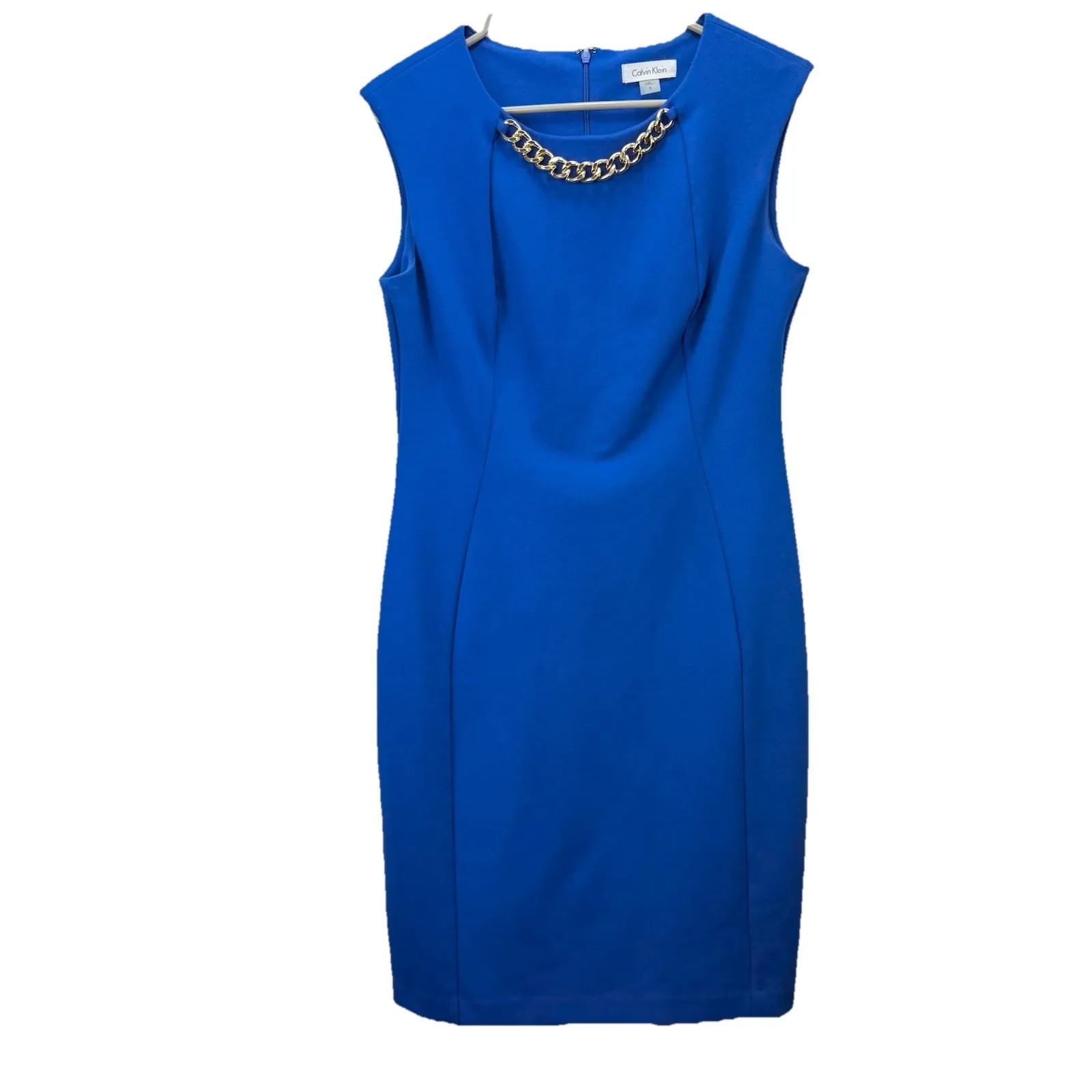 Calvin Klein Royal Blue Gold Chain Necklace Sleeveless Ponte Sheath Dress Size 8 - Image 6