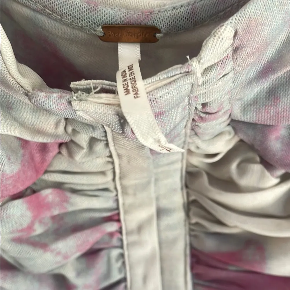 Free People Pink and Blue Tie Dye Streetwear Ruched Mesh Blouse - Image 3