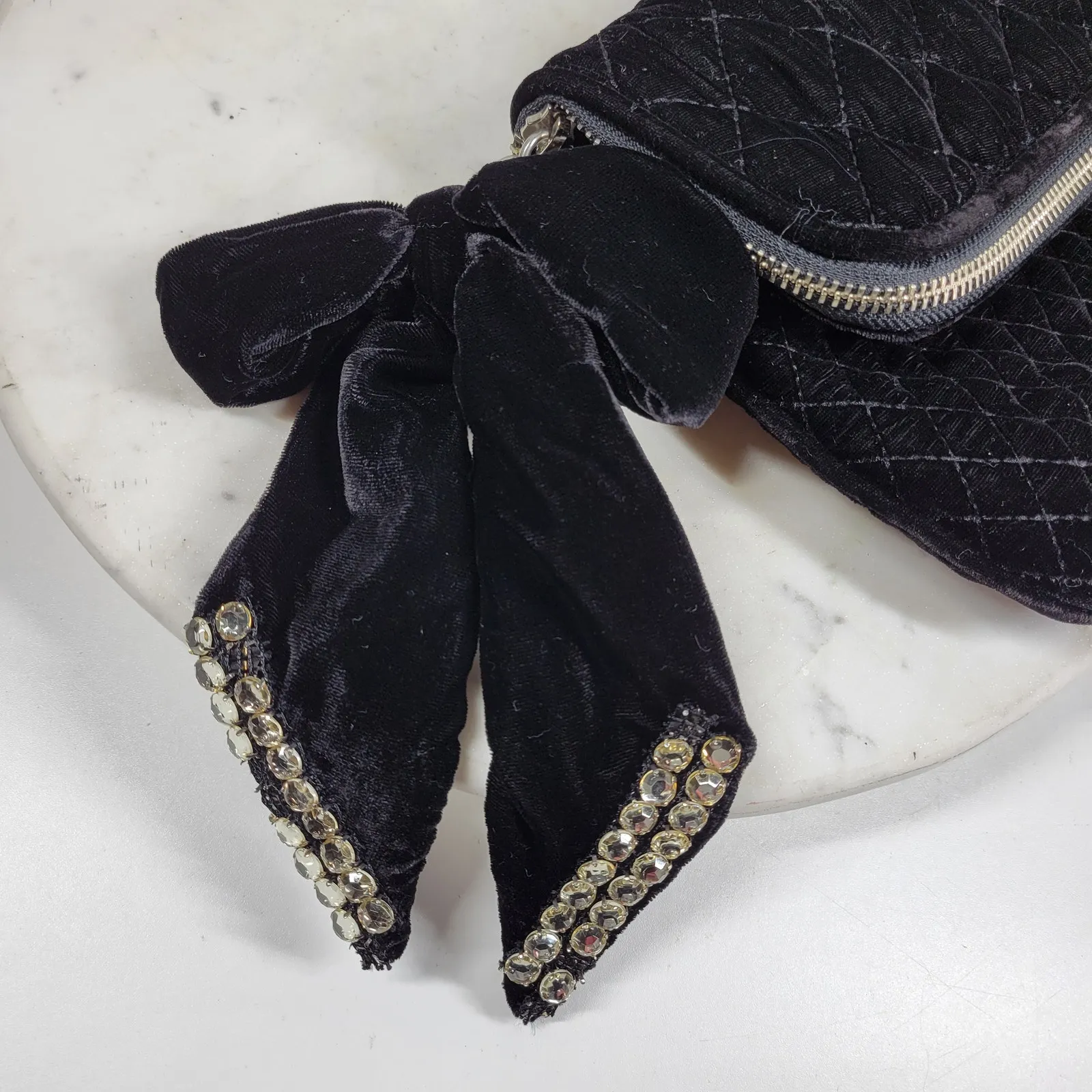 Juicy Couture Black Velvet Fold Over Clutch Quilted Rhinestone Bow Zipper Y2K - Image 13