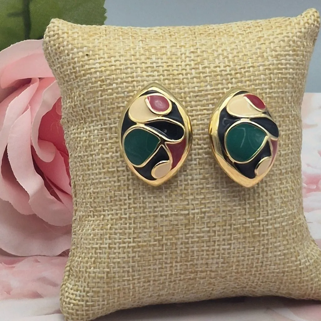 Gold Tone & Enamel Swirl Pierced Earrings Blue, Cream, Red 80's Retro Style MIN - Image 2