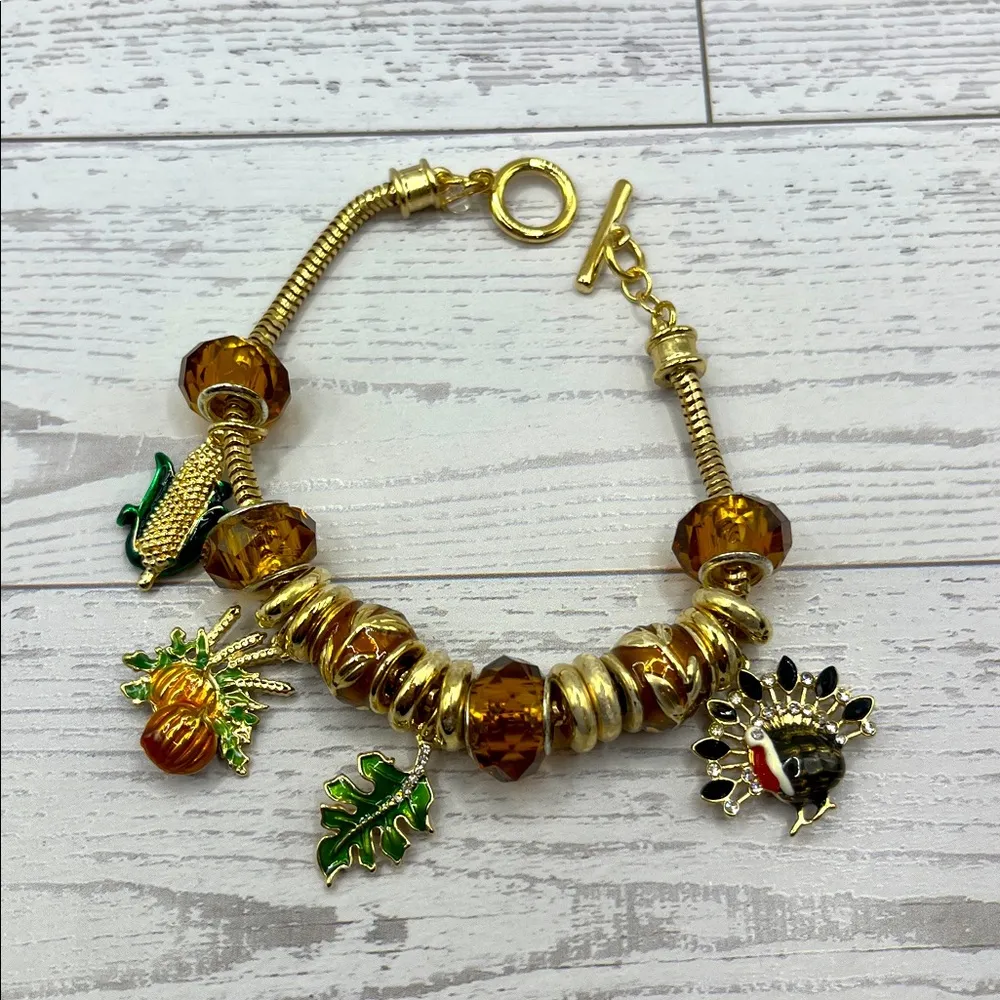 Fall Charm Bracelet Amber Colored Charms Turkey Pumpkin Leaf Corn Gold Tone - Image 4