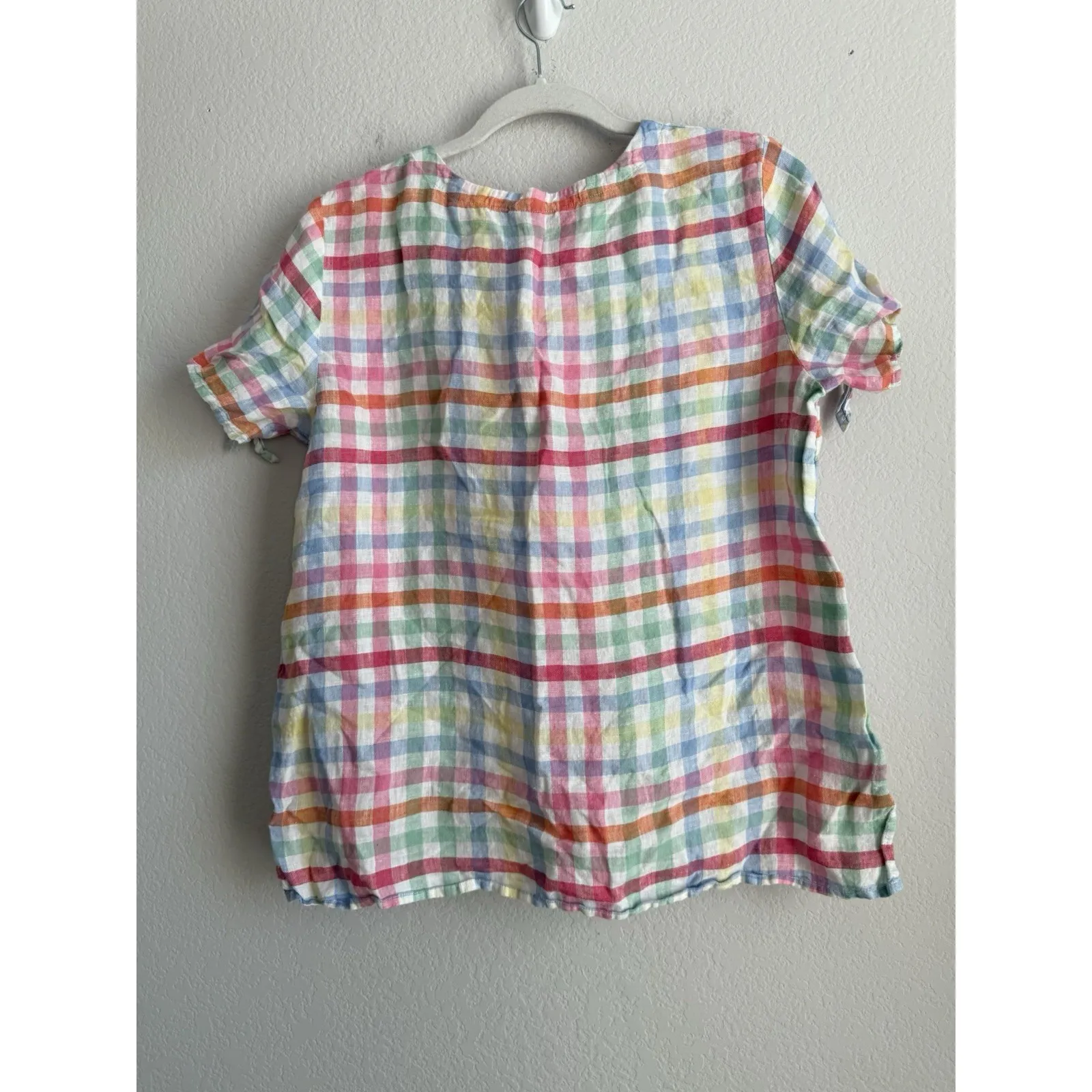 Talbots‎ Women's Linen Top Split Neck Pastel Plaid Casual Sleeve Tie Detail Sz M - Image 6