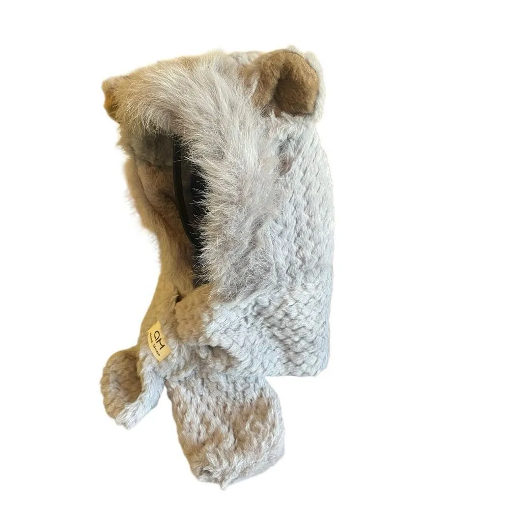 Gray Plush Hooded Scarf Hat With Animal Ears – Faux Fur Winter Wrap Gray - Image 3