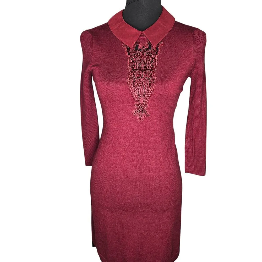 Karen Millen Burgandy Knit Collared Knee Length Dress Size: S - Image 3
