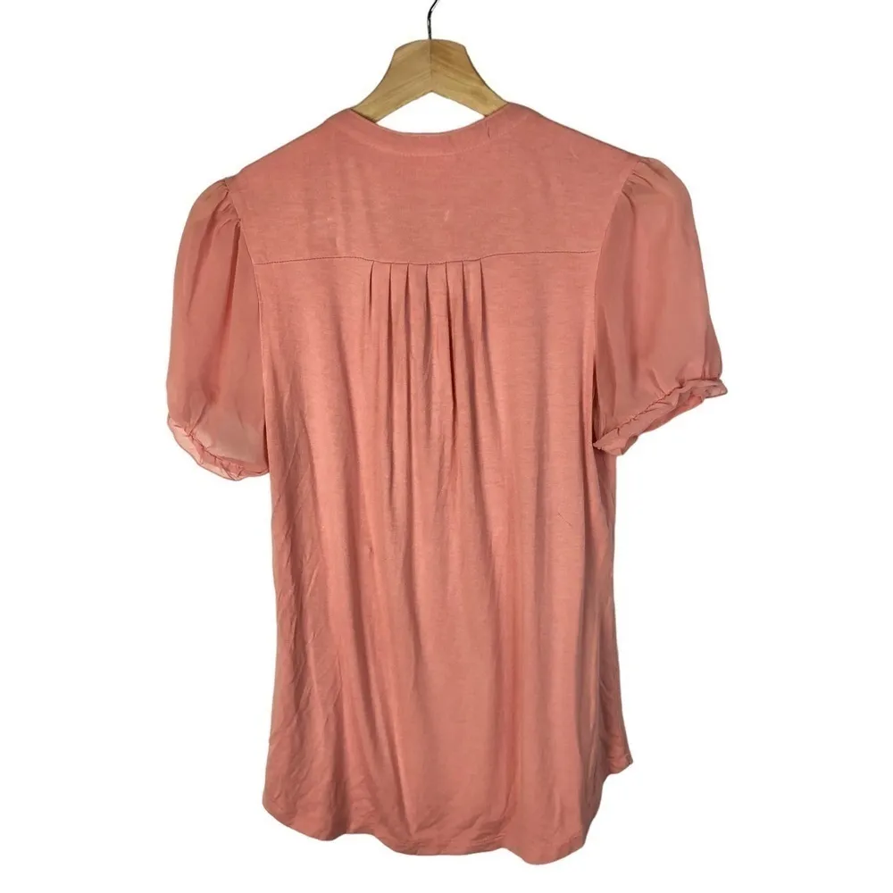 New York & Company Pink Y2K Ruffle Panel Short Sleeve Blouse S - Image 2