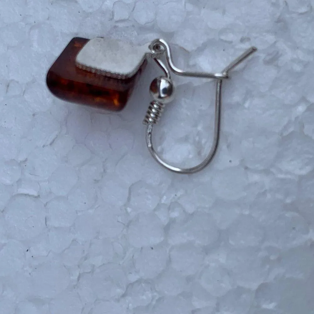 Sterling Silver 925 Diamond Shape Baltic Amber Drop Dangle Earrings Orange - Image 9