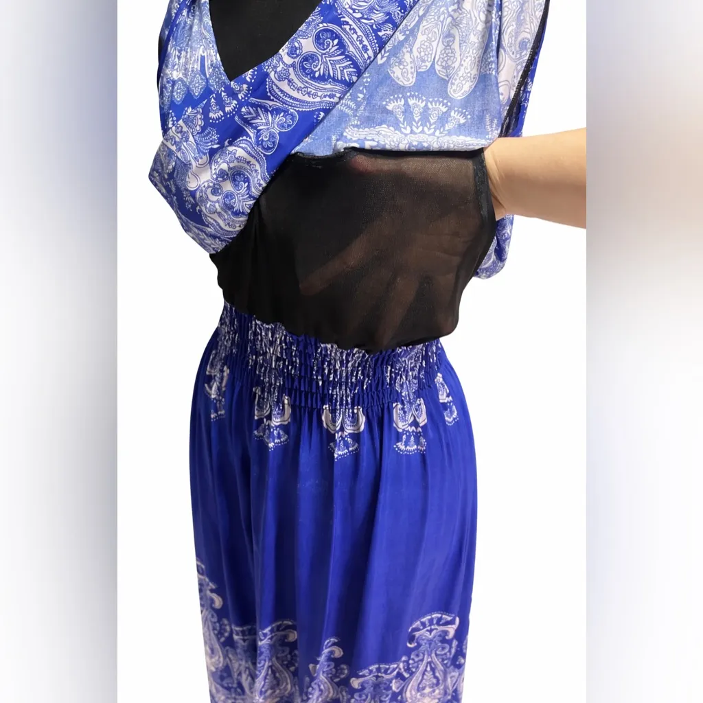 Blue Paisley Maxi Dress Sleeveless Smocked Waist Lined Boho Size L Size L - Image 5