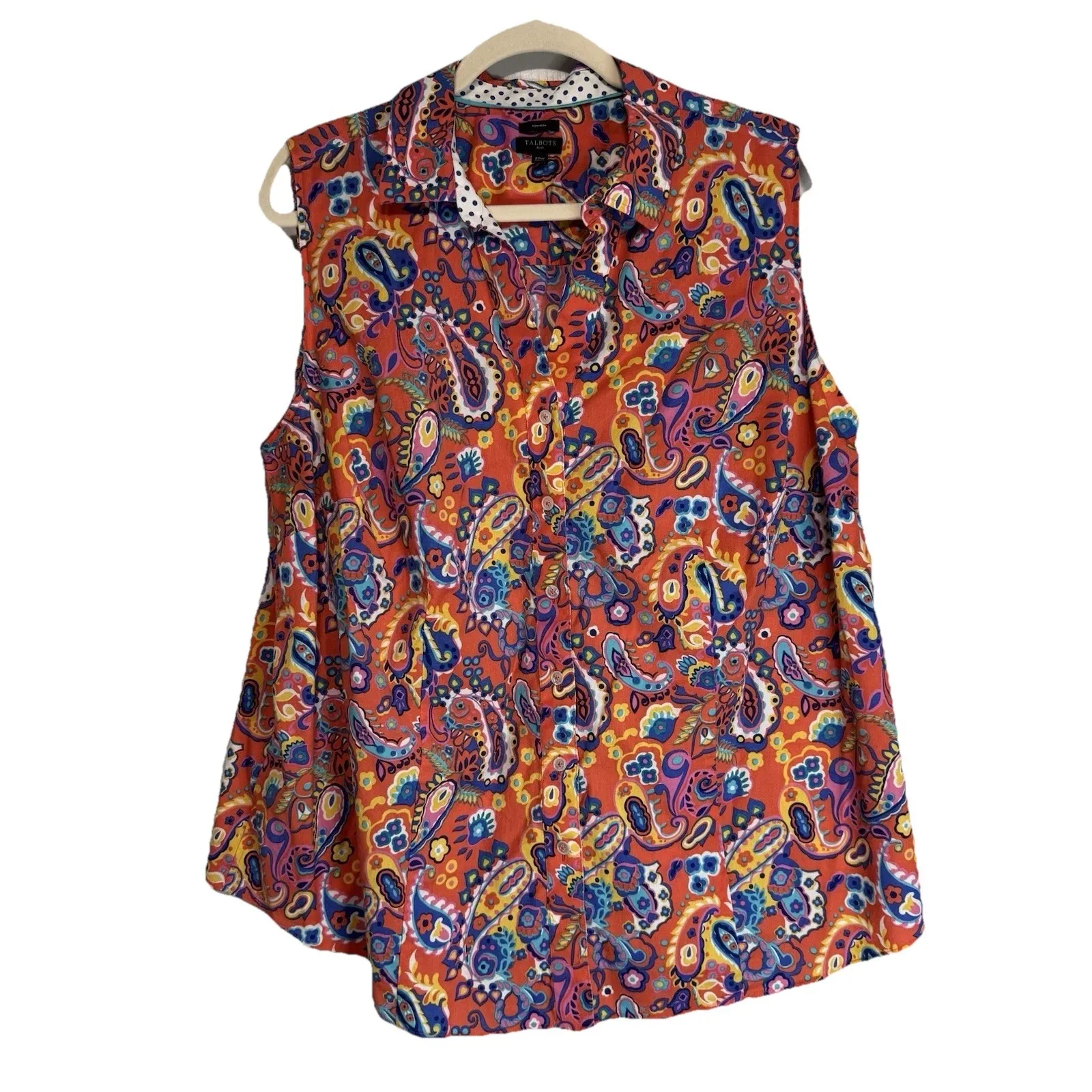 Talbots Plus Paisley Print Sleeveless Button Shirt Top 20W Non Iron Orange Blue - Image 7