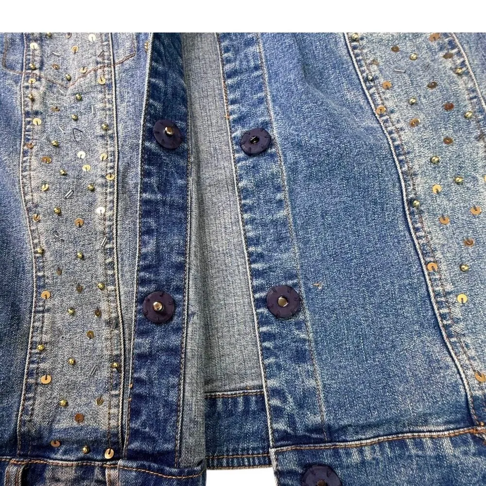 Designer Jean Jacket BEREK 2 COLLECTION Womens XL Takako Sakon Sequin Rhinestone Blue - Image 6