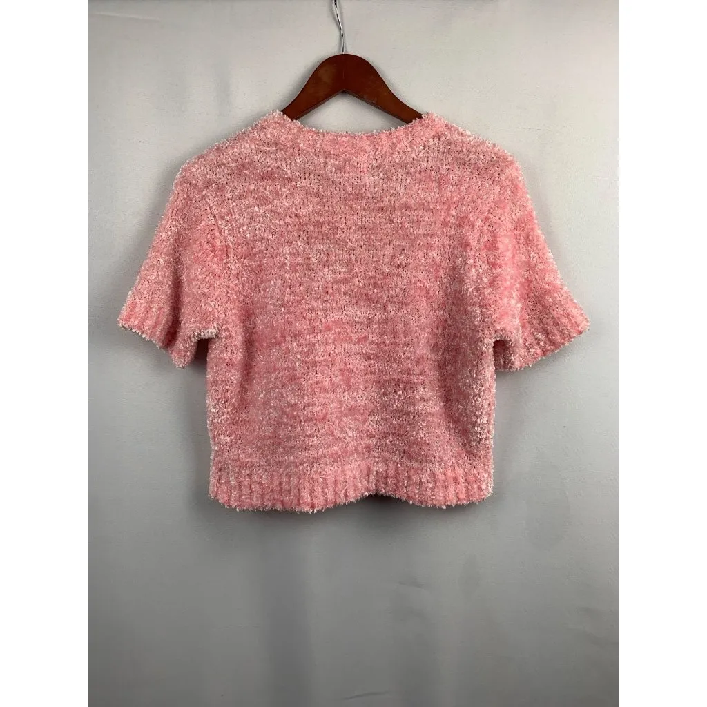Croquet Club Pink Bouclé Short Sleeve Cardigan Sweater L Size L - Image 4