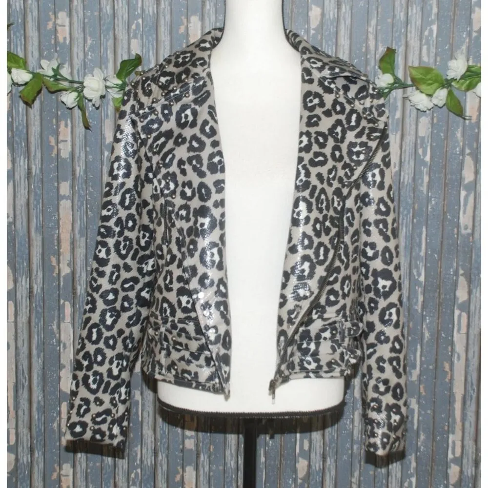 NWT Crazy Train Leopard Print Moto Jacket Size M Zip Up Studded Vegan Leather - Image 7