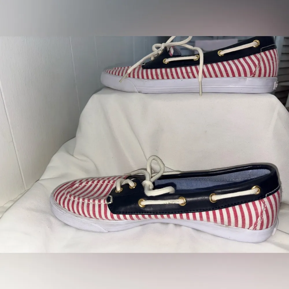 Tommy Hilfiger Womens Size 7.5 Adriel 2 Pink/White Faux Leather Striped Boat Low - Image 6