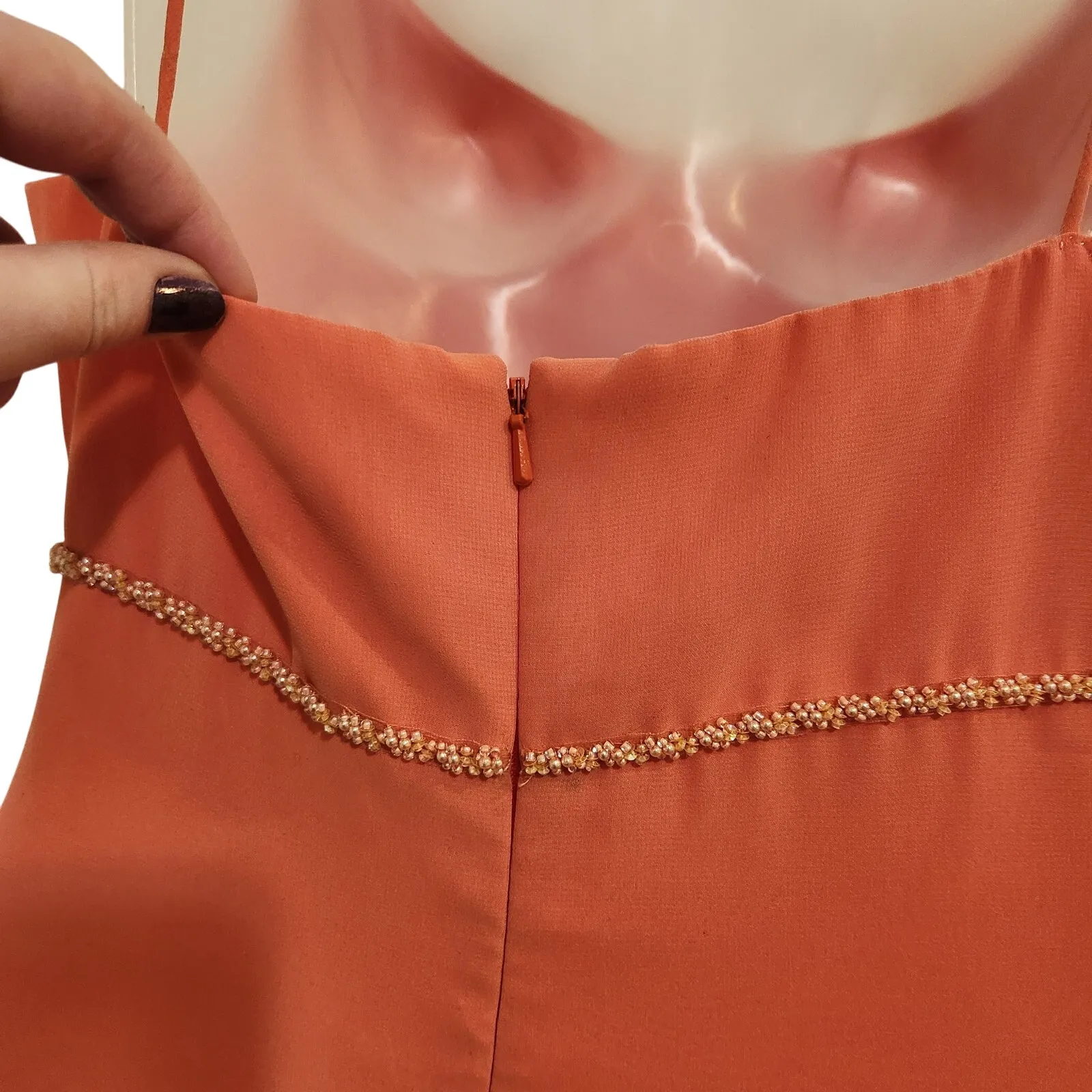 David's Bridal Orange Sleeveless Floral Vintage Bridesmaid Maxi Long Gown Large - Image 7