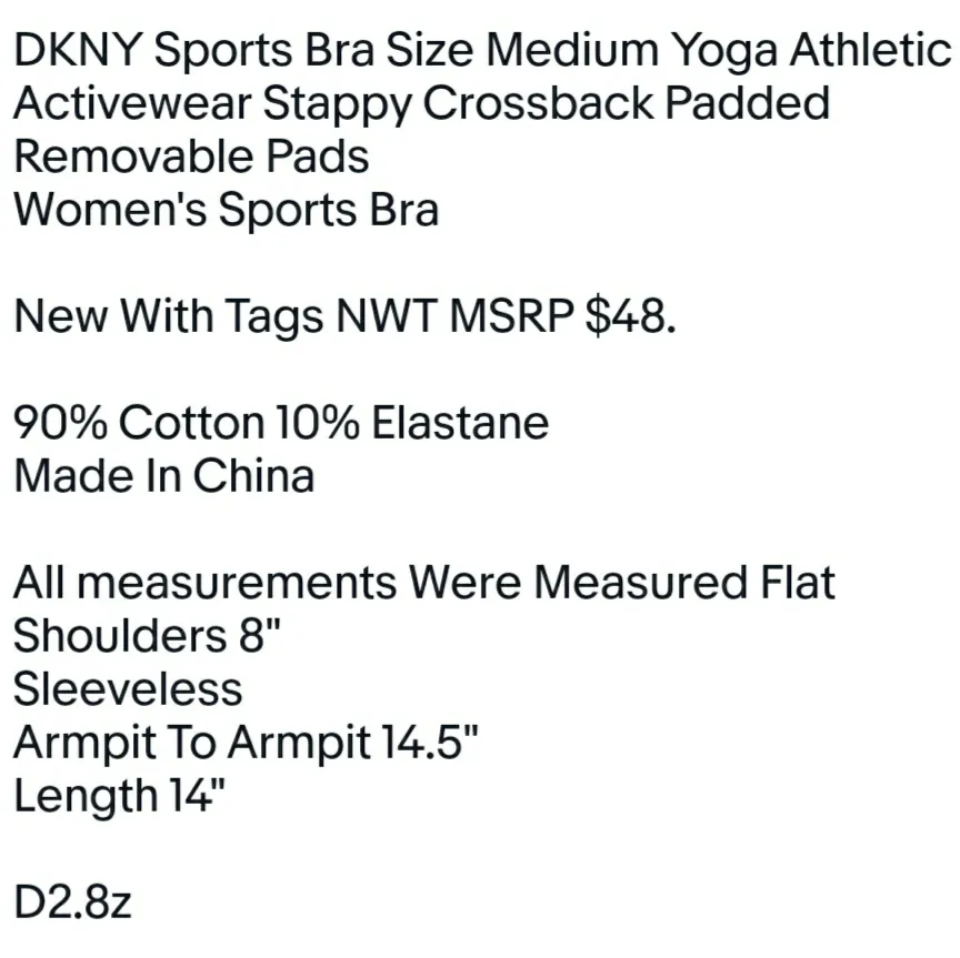 DKNY Sports Bra Size Medium Yoga Athletic Activewear Stappy Crossback Padded Removable Pads - Image 6