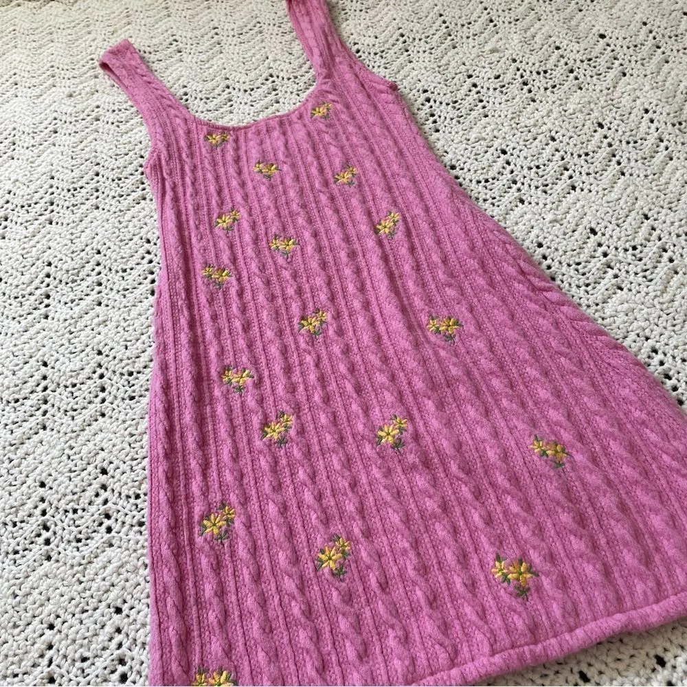 Zara Embroidered Floral Knit Tank Mini Dress Barbie Pink Bloggers Favorite (S) - Image 9