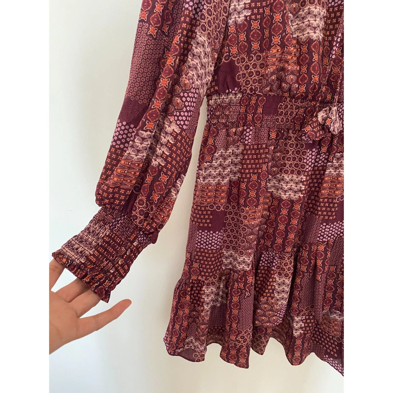 BCBG Paris Womens Tiered Mini Dress Balloon Sleeves Smocked Waist Chic Sz L Purple Size L - Image 13