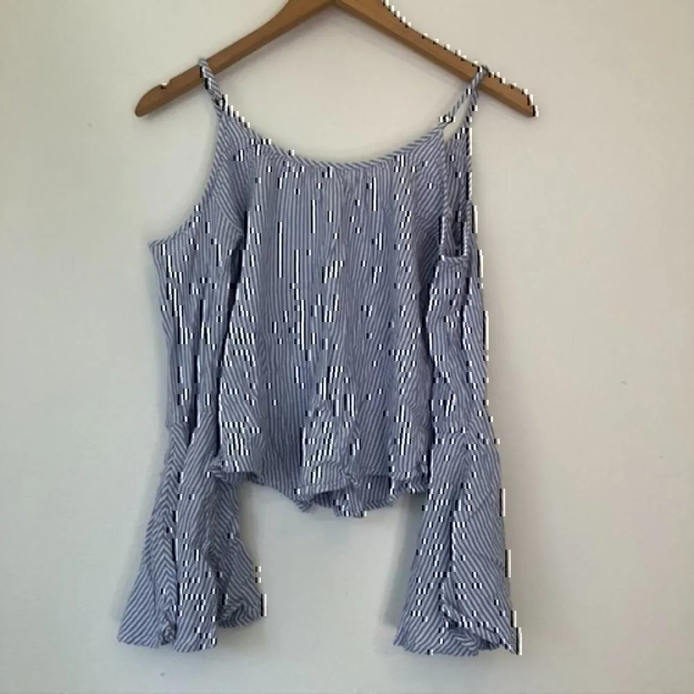 HOLLISTER Cold Shoulder Striped Blouse Blue White Long Bell Sleeve Top JUNIORS - Image 7