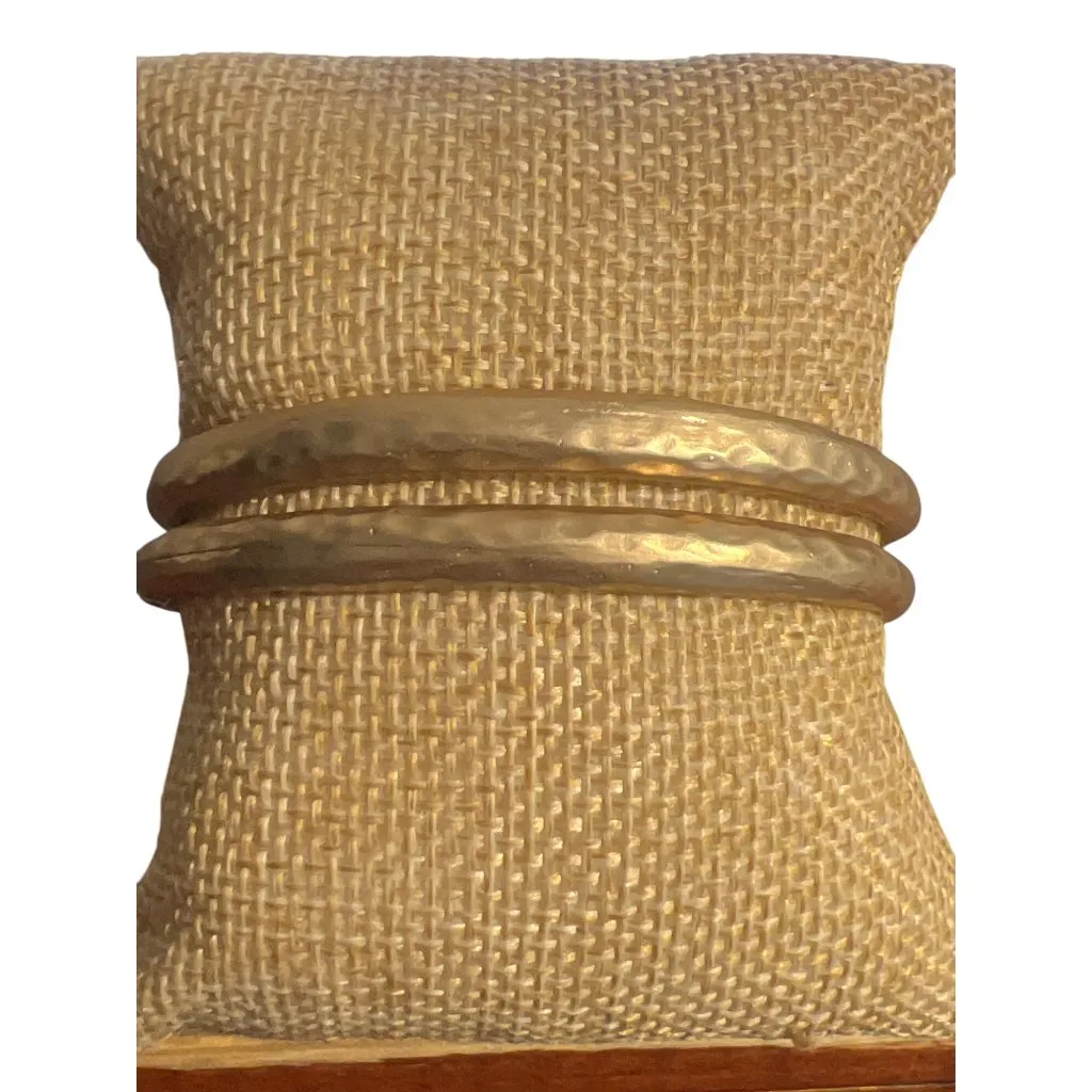 Matte Gold Tone Hammered Double Cuff Bracelet Layered 1/2" Wide Sitting at 6.25" - Image 2