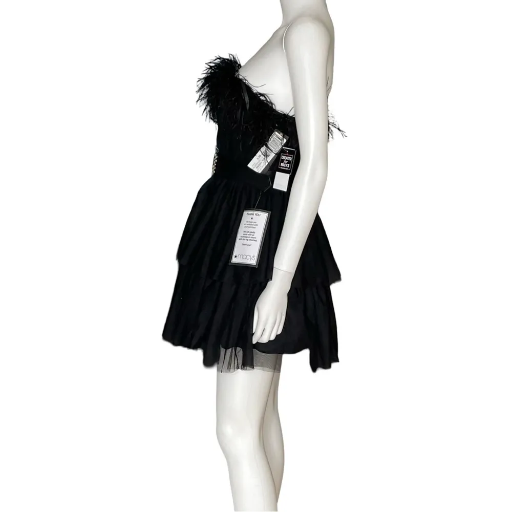 City Studios Juniors' Feather-Trim Strapless Fit & Flare Dress Black Sz 5/6 - Image 4