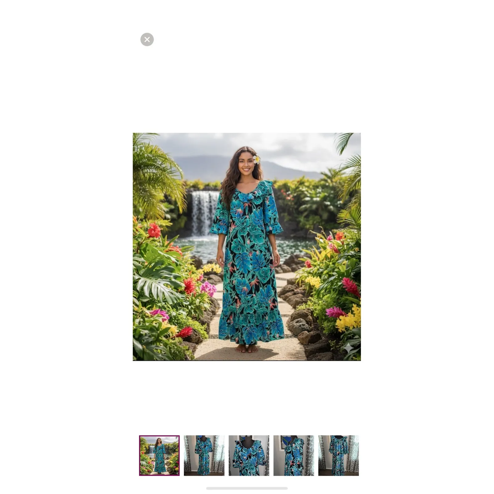 Hilo Hattie Hawaiian Maxi Dress Turquoise Blue Floral Print Ruffle Sleeve Size S - Image 10