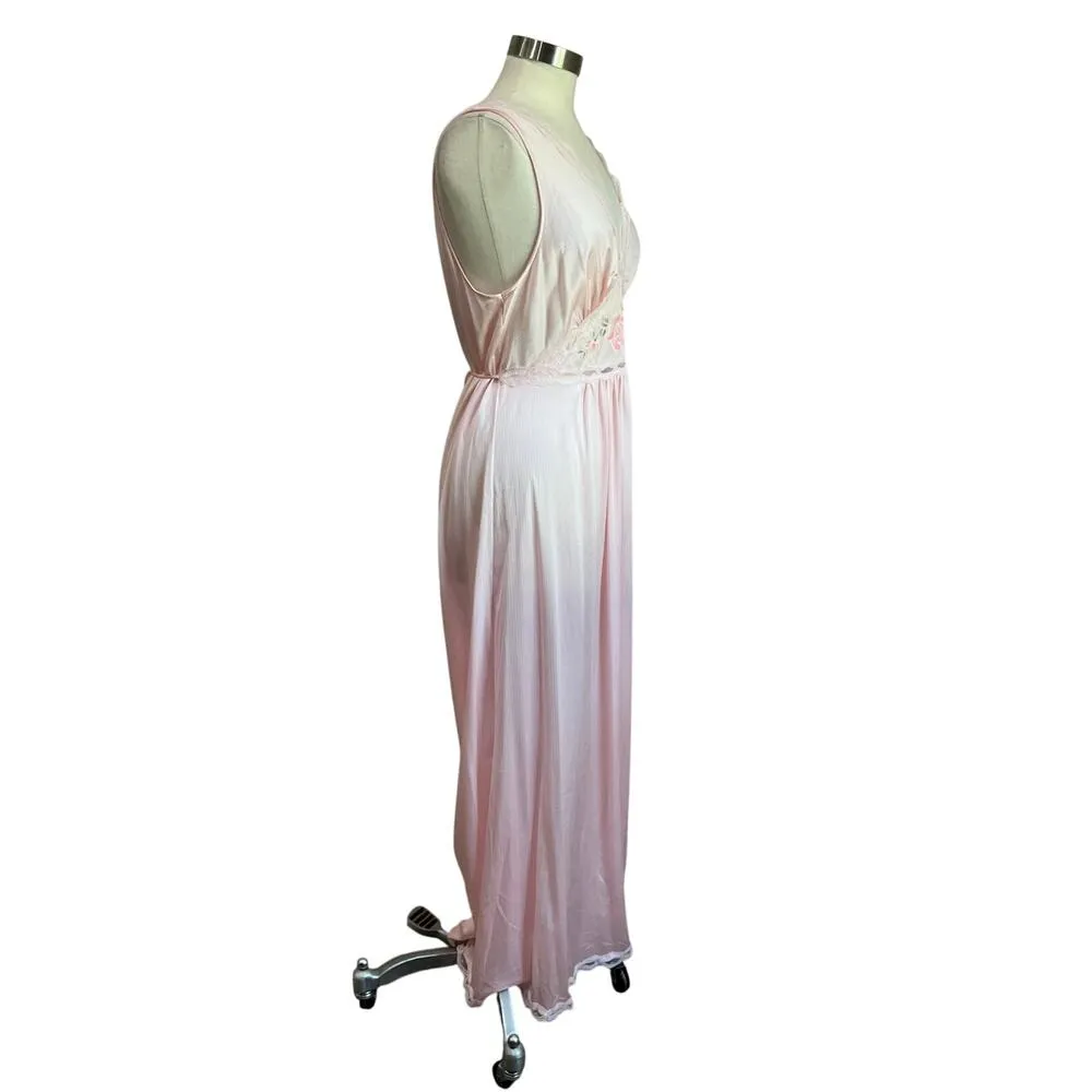 Lorriane 1980s Vintage Pink Nylon Lace Sweep Romantic Slip Nightgown Size L Size L - Image 3
