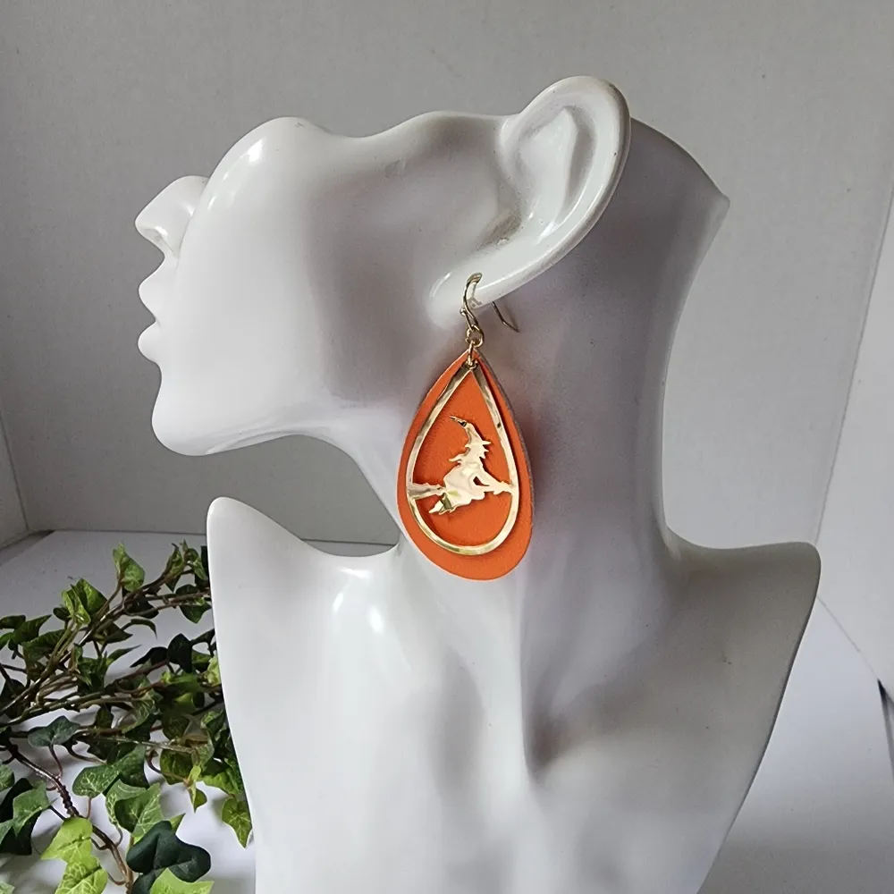 Orange Teardrop Earrings with Gold Witch on Broom Silhouette - Image 2