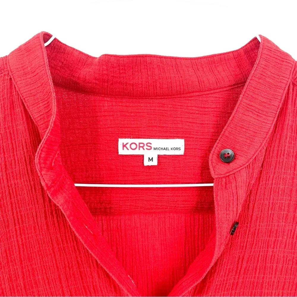 KORS Michael Kors MK Red Gauzy Roll Tab Long Sleeve Quarter Button Blouse Top - Image 6