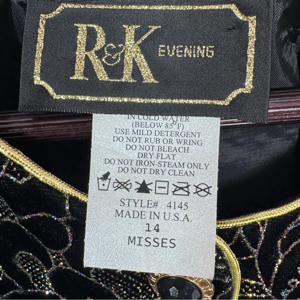 Vintage 80s R&K‎ Evening Floral Glitter Velvet Blazer Jacket Black Gold 14 - Image 9