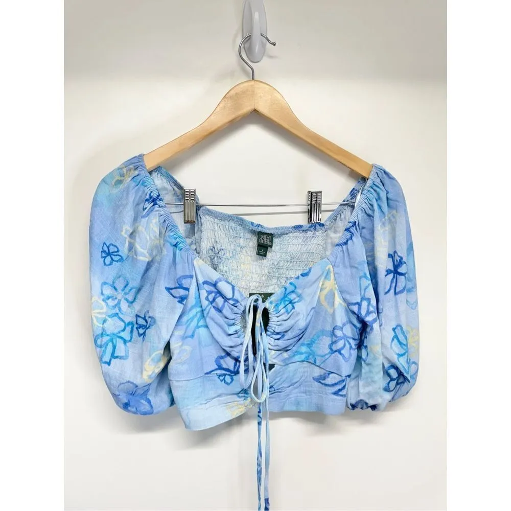 Wild Fable‎ Cropped Floral Print Blue Puff Sleeve Shirt Womens Size Small - Image 2