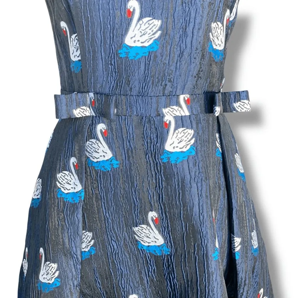 Retro Navy Blue Swan Print Sleeveless Fit and Flare Dress Bow Detail V Neckline - Image 4
