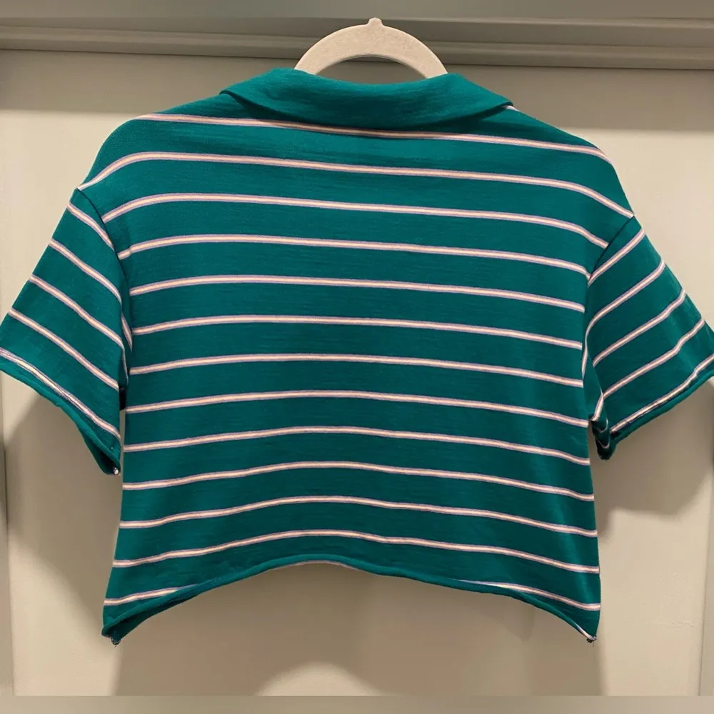 Forever 21 F21 Teal Blue & Light Purple Striped Short Sleeve Crop Polo Shirt XS - Image 9