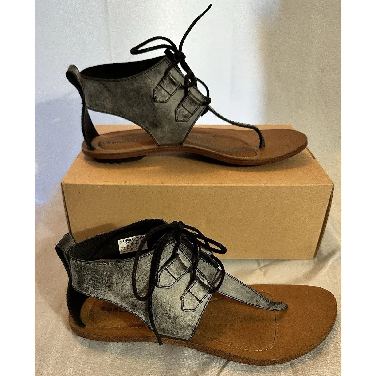 Boho Sorel Summer Boot Distressed Black Leather Lace Up Cage Sandals Size 9 - Image 3