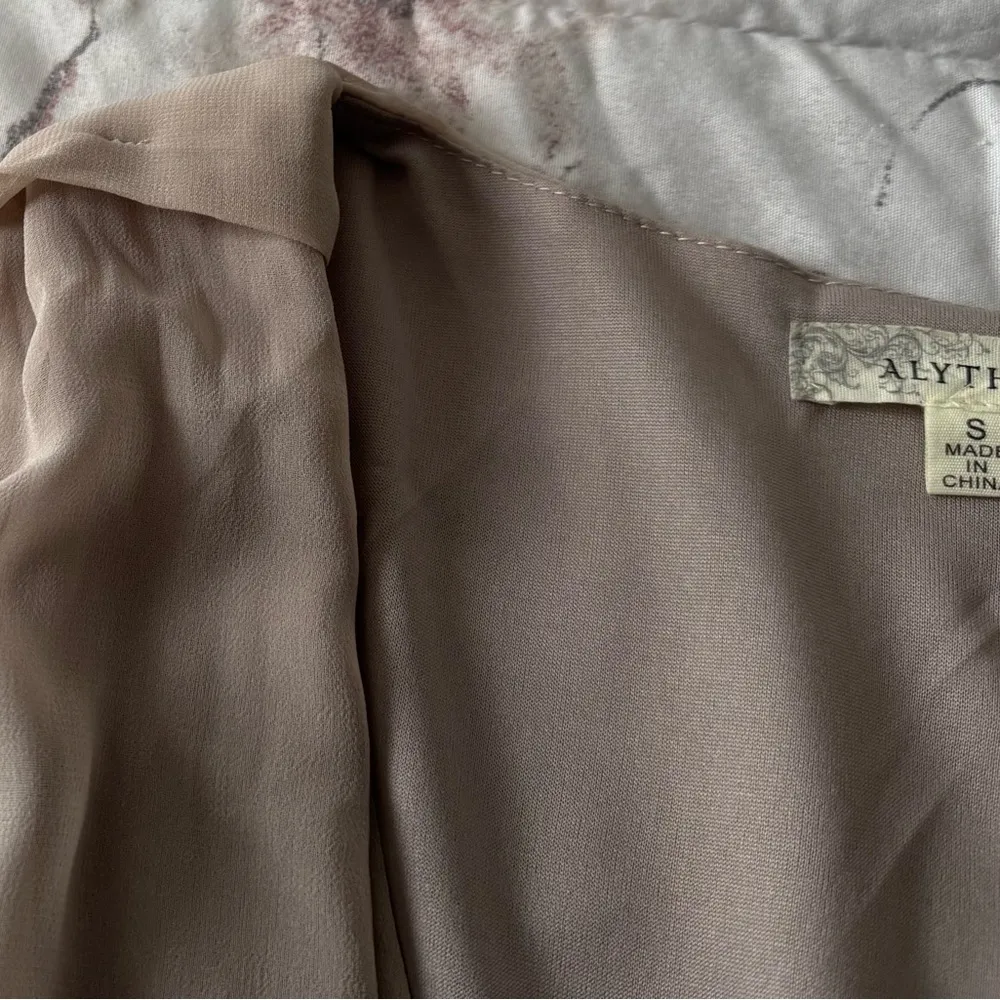 Alythea cream tan wide leg pleated top sheer jumpsuit, size S party event boho - Image 6