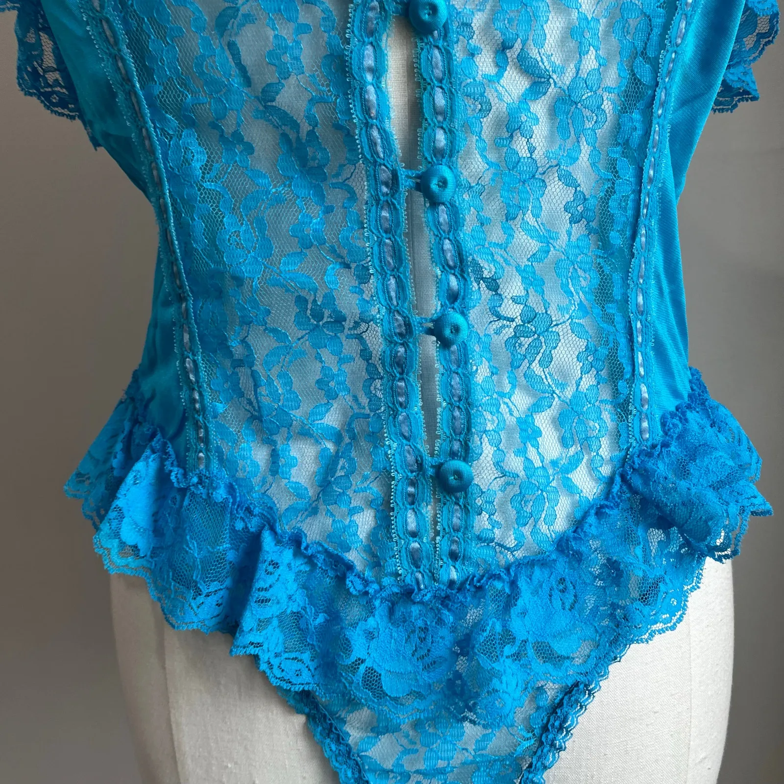 70s Lace Blue Ruffle Bodysuit Teddy Size Medium - Image 11