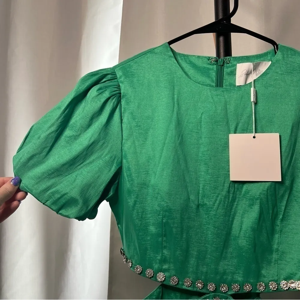 Band of Stars Green Puff Sleeve Rhinestone Cutout Dress Size 8 - Image 8