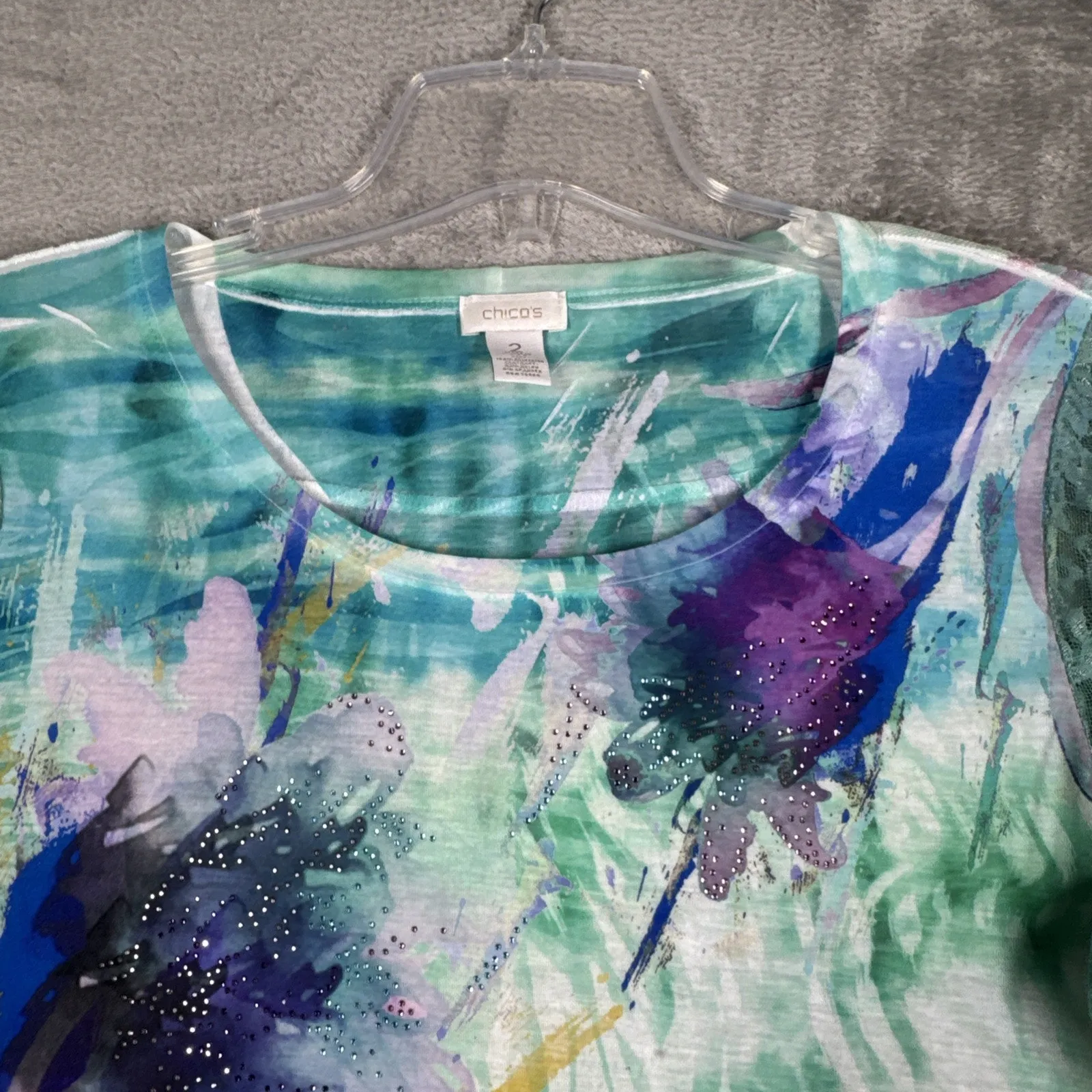 Chicos Shirt Womens Large Green Blue Watercolor‎ Brushstroke Colorful Beaded - Image 4
