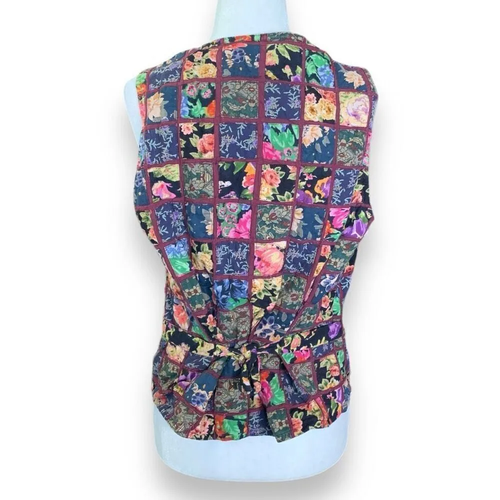 Vintage Casey & Max Vest Multicolor Floral Patchwork Checkered Tie Waistcoat Black Size M - Image 4
