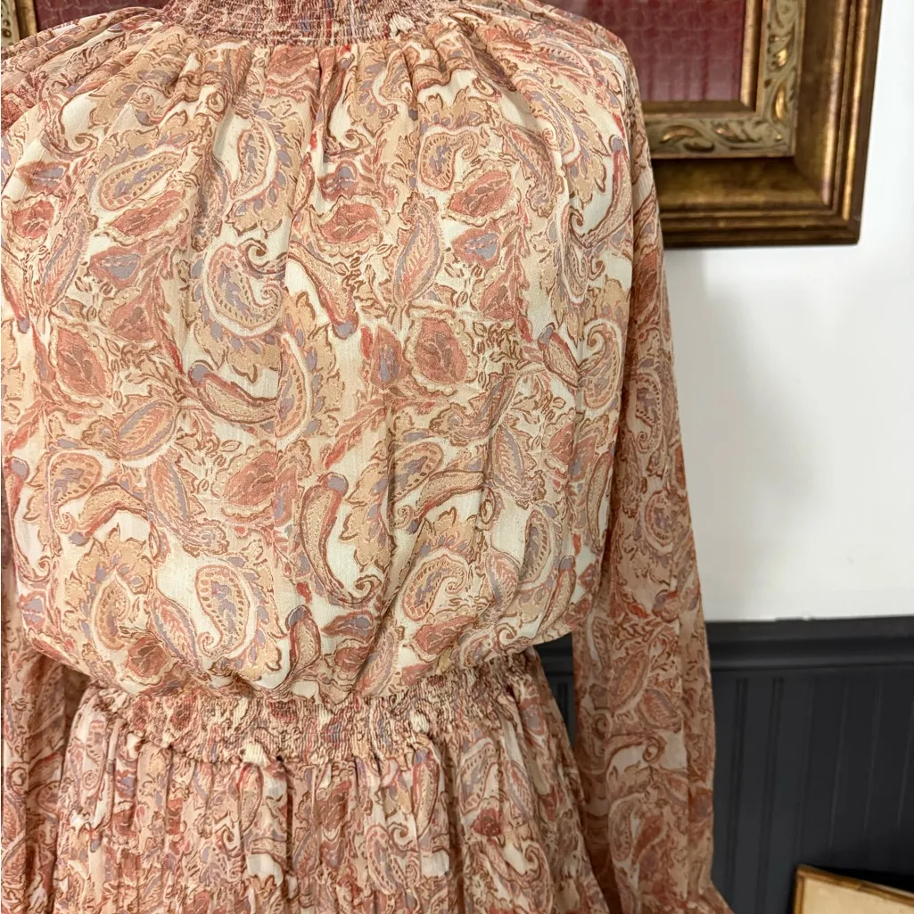 Fate Paisley Print Boho Tiered Ruffle Mock Neck Mini Dress Sz Small 🧡🍄 Brown - Image 3