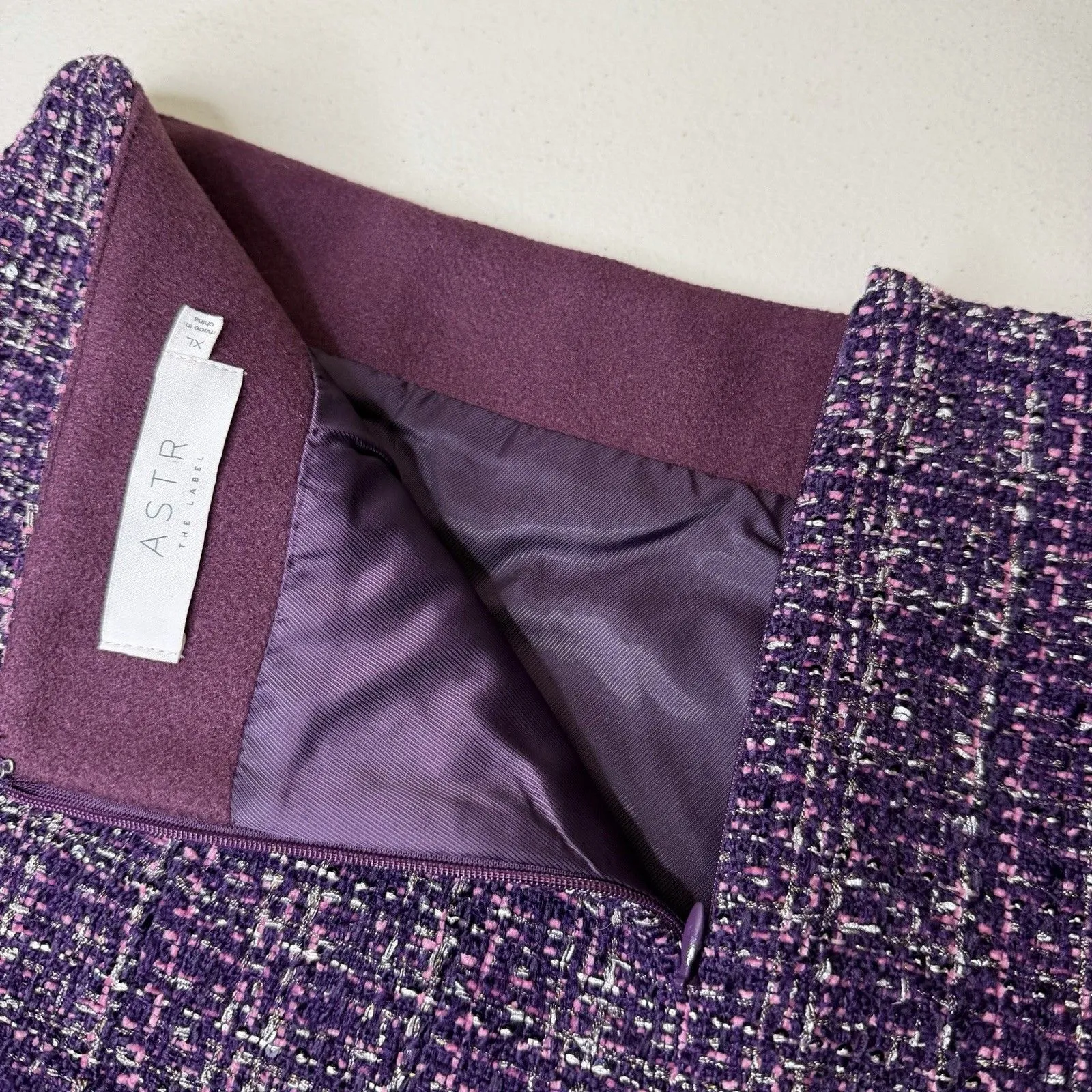 ASTR The Label Purple Boucle Tweed Mini Skirt XL High Waisted Slit Lined Preppy - Image 9
