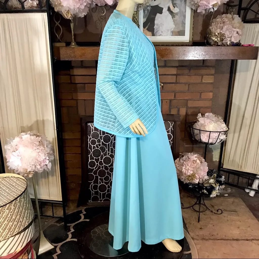JOHN LANE X SEYMOUR LEVY VINTAGE 1960'S AQUA BLUE DRESS & LACE JACKET SET (L) Size L - Image 5