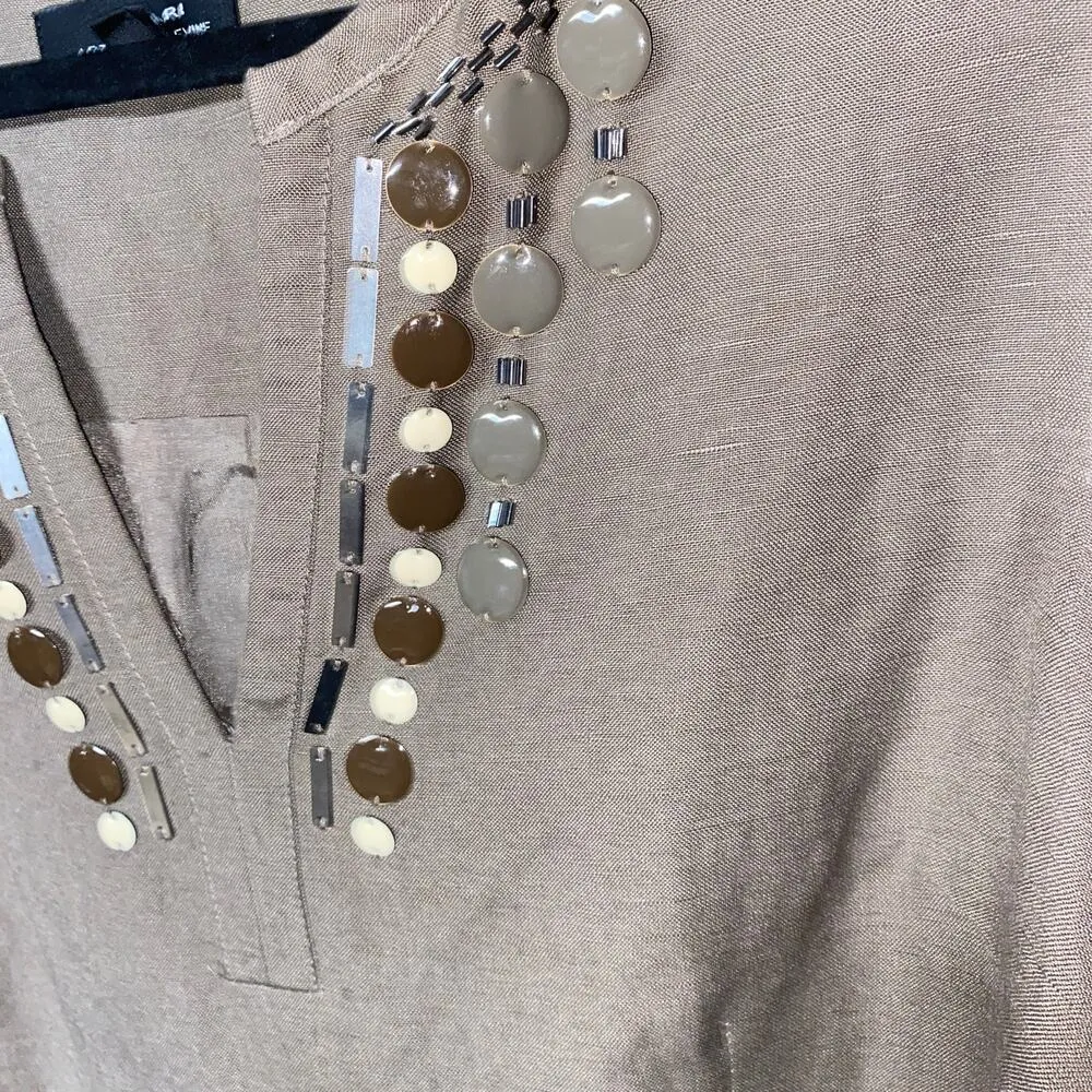 Tahari Brown Linen Blend Beaded Embellished Sleeveless Dress Women's Size 14 - Image 4