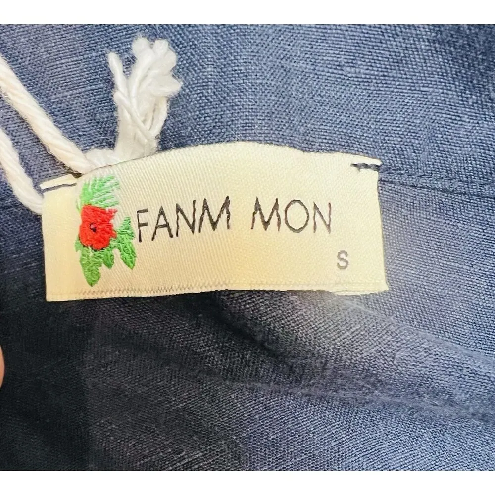 Fanm Mon Brodere Linen Mini Skirt Small Indigo Blue Floral Embroidery Pockets - Image 6