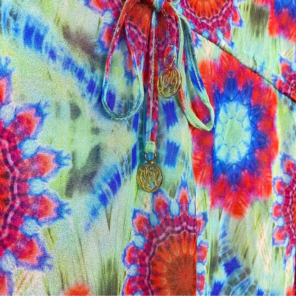 Luli Fama Rainbow Multicolor Tie Dye Print Long Sleeve Mini Dress Coverup - Image 4