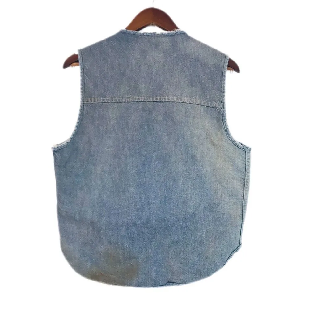 VINTAGE Sears Roebuck Denim Trucker Vest Sherpa Distressed Destroyed Retro Large Blue - Image 2