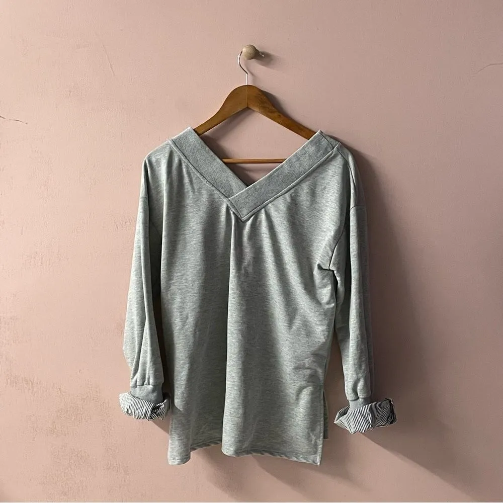 J.O.A. Light Gray V-Neck & Back Sweater EUC Size L - Image 2