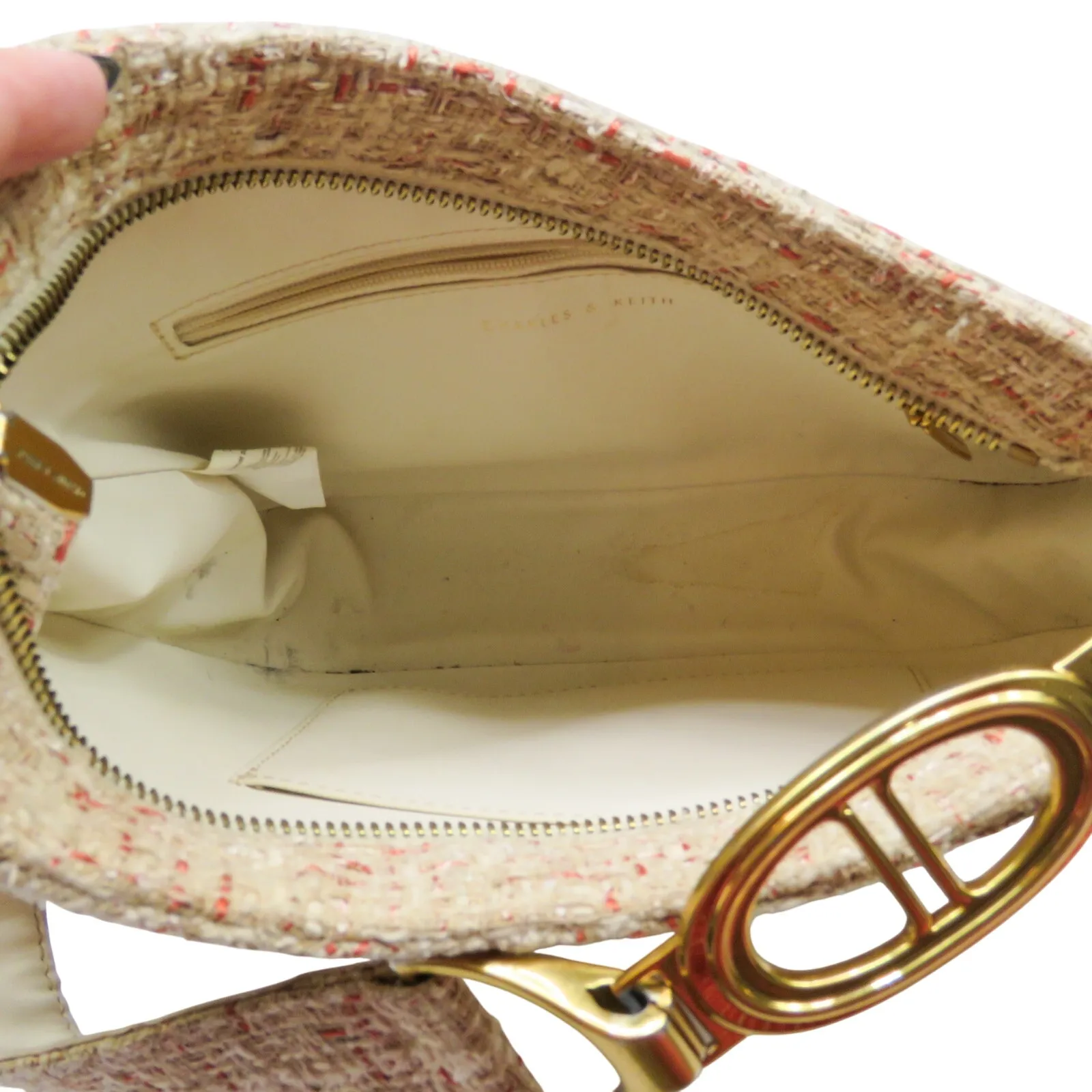 Charles & Keith Cream Tweed Asymmetrical Shoulder Bag - Image 10